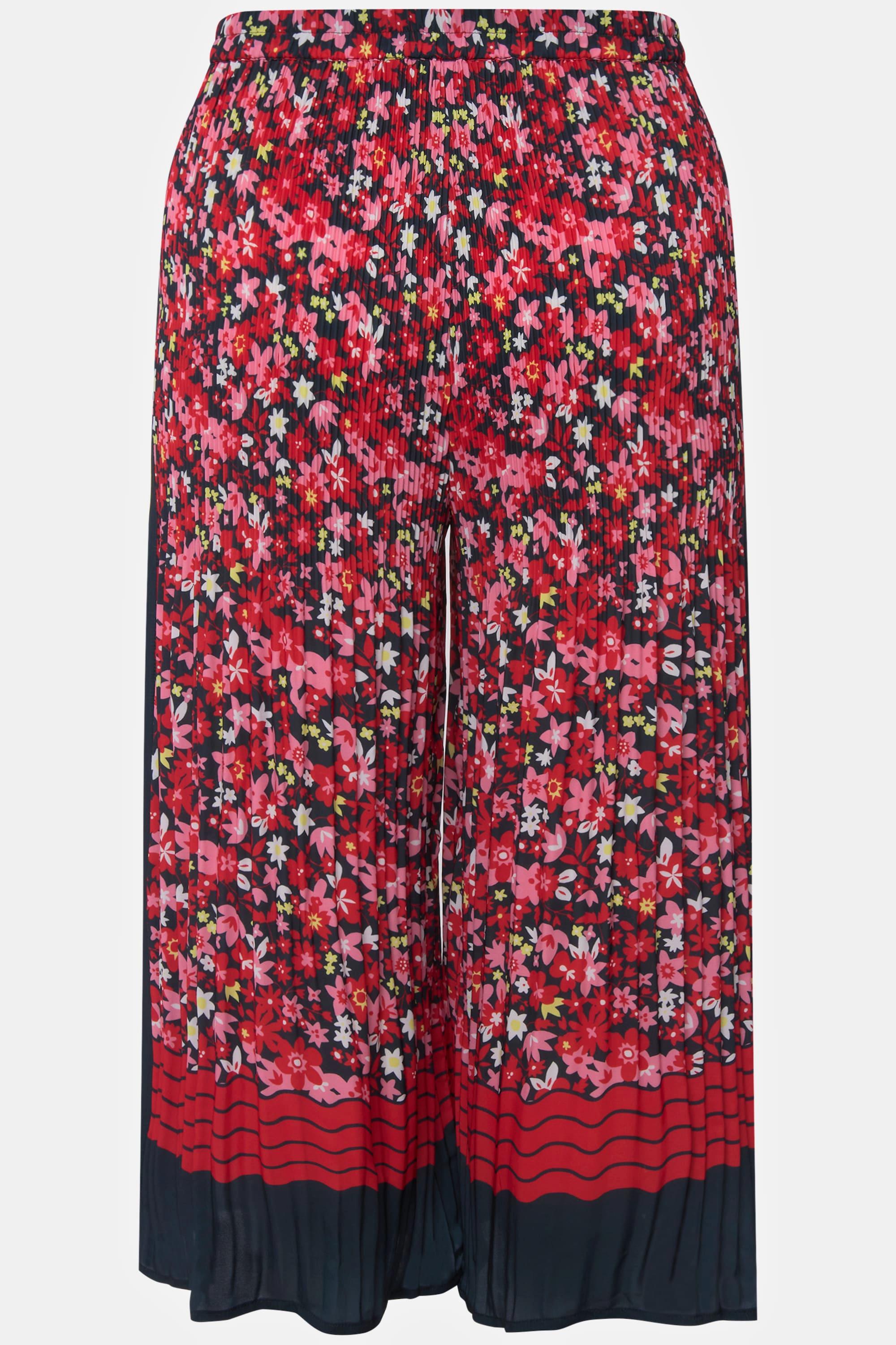 Ulla Popken  Pantaloni plissé a 7/8 modello Mary con fiori, gamba ampia e cintura elastica 