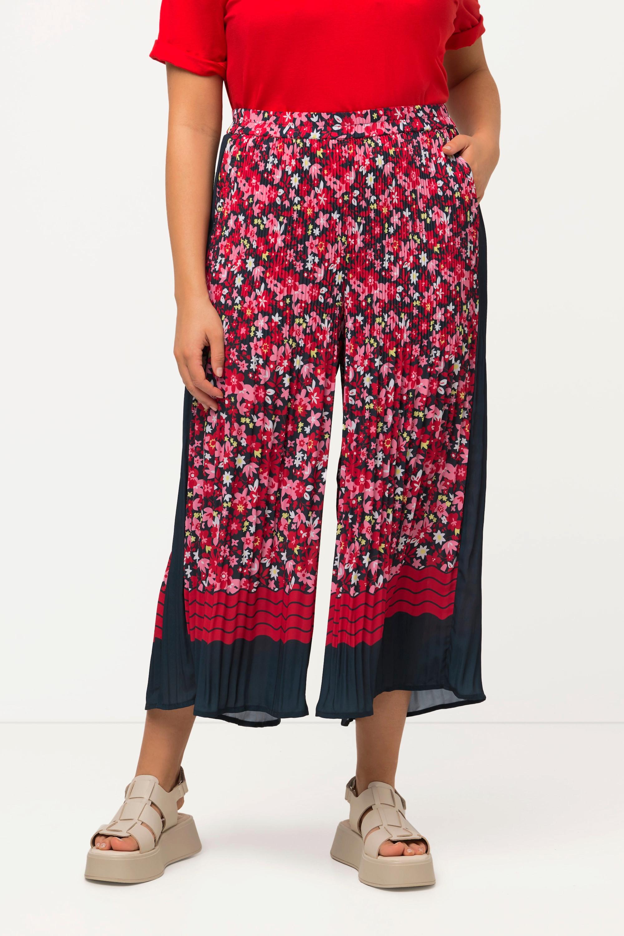 Ulla Popken  Pantaloni plissé a 7/8 modello Mary con fiori, gamba ampia e cintura elastica 