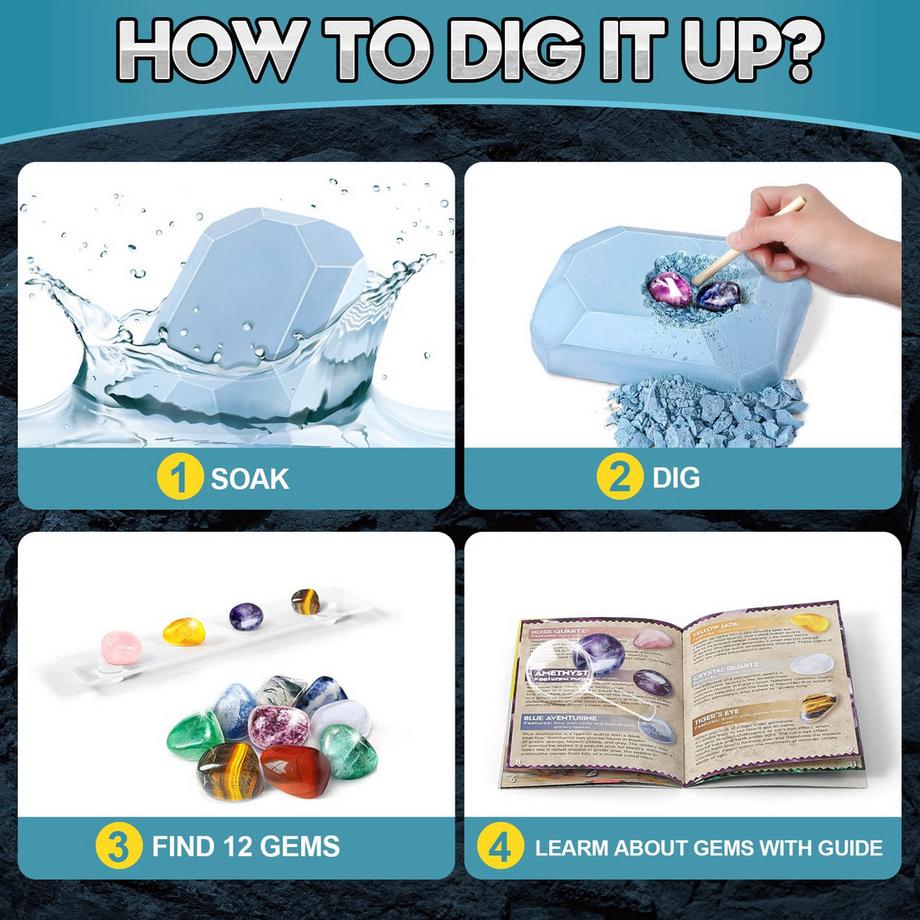 Activity-board  Ausgrabungsset für Kinder Experimentierset 12 echte Mineralien und Edelsteine selbst ausgraben, mit Hammer und Meißel 
