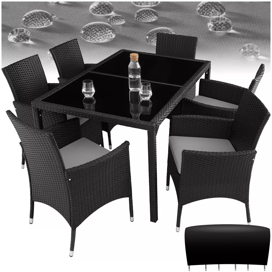 tectake® Rattan Sitzgruppe, für 6 Personen, UV-beständig, inklusive Schutzhülle