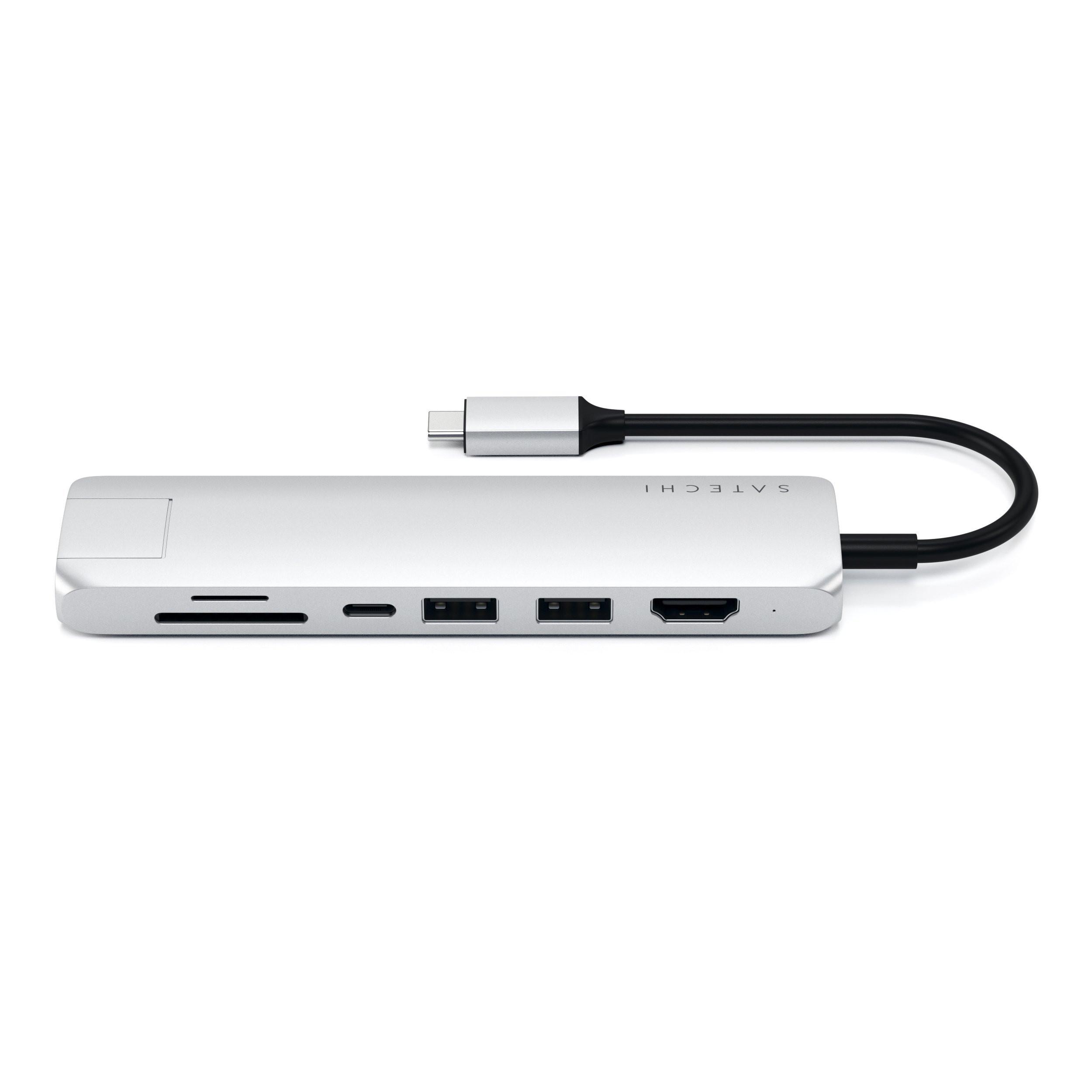 SATECHI  USB-C Slim adattatore multiporta in alluminio con Gigabit Ethernet, ricarica USB-C PD (-60W), 4K HDMI Video, 2x USB 3.0 e porta per lettore di schede Micro/SD 