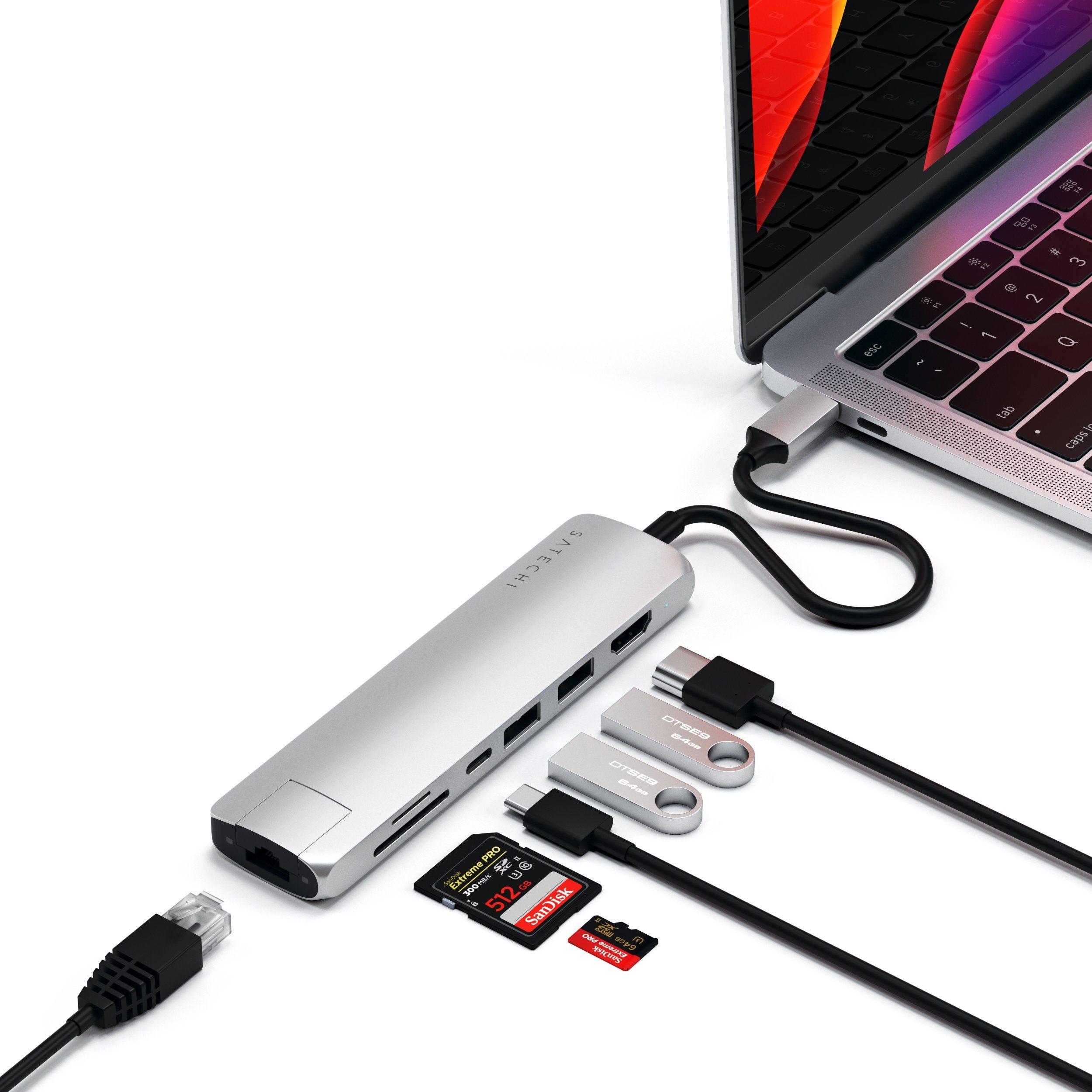 SATECHI  USB-C Slim adattatore multiporta in alluminio con Gigabit Ethernet, ricarica USB-C PD (-60W), 4K HDMI Video, 2x USB 3.0 e porta per lettore di schede Micro/SD 