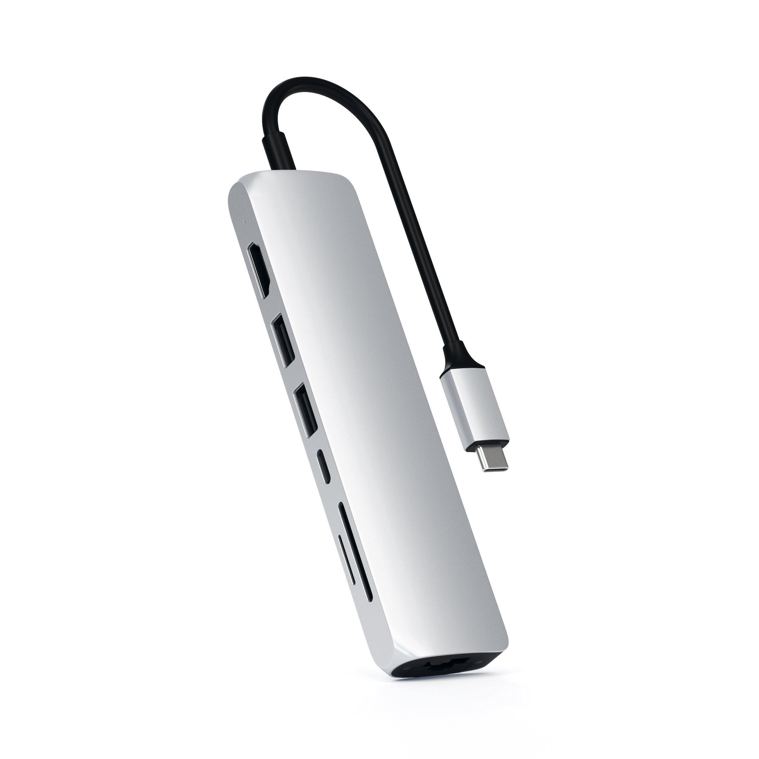 SATECHI  USB-C Slim adattatore multiporta in alluminio con Gigabit Ethernet, ricarica USB-C PD (-60W), 4K HDMI Video, 2x USB 3.0 e porta per lettore di schede Micro/SD 