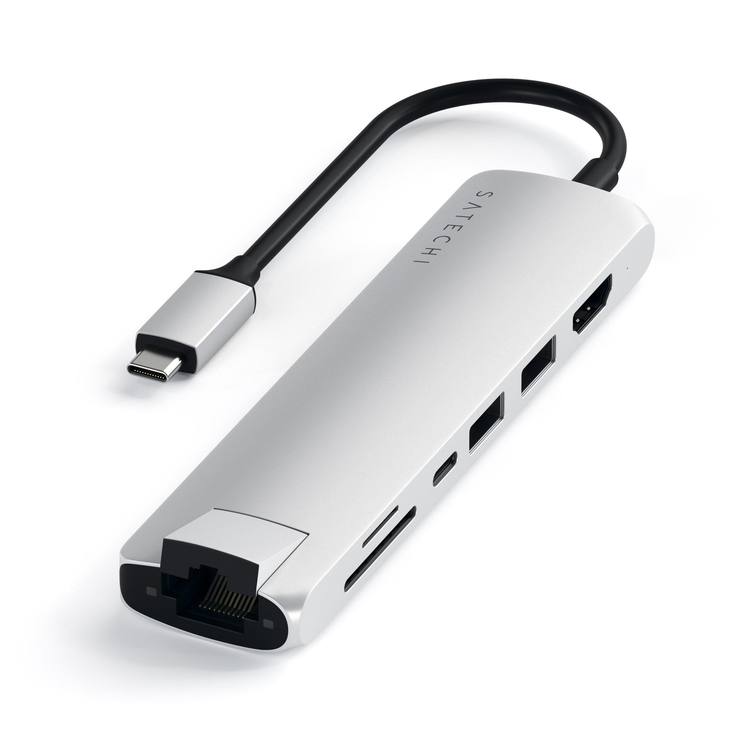 SATECHI  USB-C Slim adattatore multiporta in alluminio con Gigabit Ethernet, ricarica USB-C PD (-60W), 4K HDMI Video, 2x USB 3.0 e porta per lettore di schede Micro/SD 