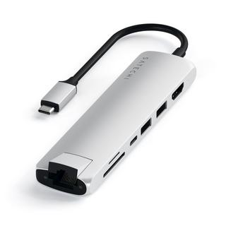 SATECHI  USB-C Slim adattatore multiporta in alluminio con Gigabit Ethernet, ricarica USB-C PD (-60W), 4K HDMI Video, 2x USB 3.0 e porta per lettore di schede Micro/SD 