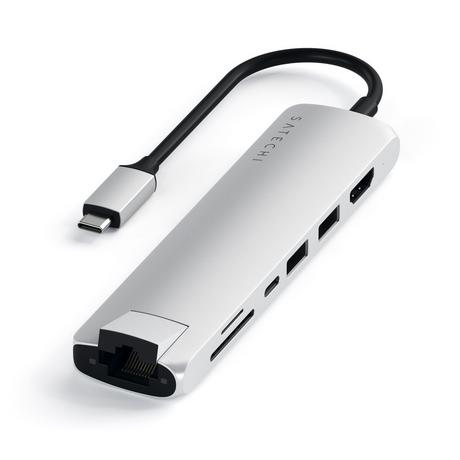 SATECHI  USB-C Slim adattatore multiporta in alluminio con Gigabit Ethernet, ricarica USB-C PD (-60W), 4K HDMI Video, 2x USB 3.0 e porta per lettore di schede Micro/SD 