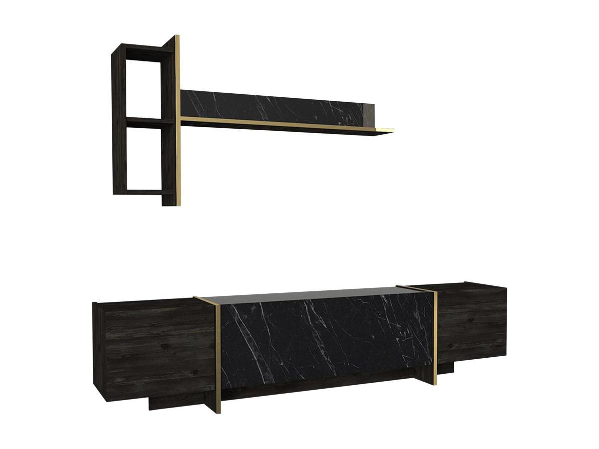 Vente-unique Ensemble TV avec rangements - Effet marbre noir, naturel foncé et doré - CADEBA II  