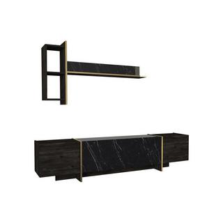 Vente-unique Ensemble TV avec rangements - Effet marbre noir, naturel foncé et doré - CADEBA II  