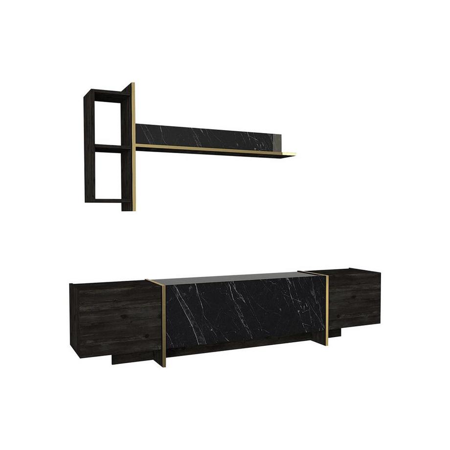 Vente-unique TV-Set mit 3 Türen - Marmor-Optik Schwarz & Goldfarben - CADEBA  