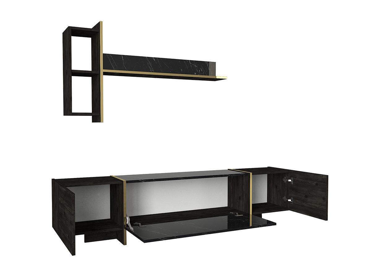 Vente-unique Ensemble TV avec rangements - Effet marbre noir, naturel foncé et doré - CADEBA II  