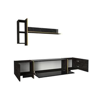 Vente-unique Ensemble TV avec rangements - Effet marbre noir, naturel foncé et doré - CADEBA II  