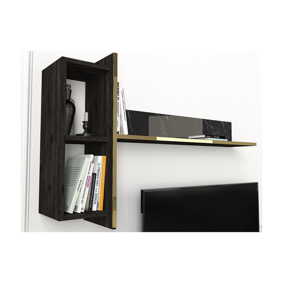 Vente-unique TV-Set mit 3 Türen - Marmor-Optik Schwarz & Goldfarben - CADEBA  