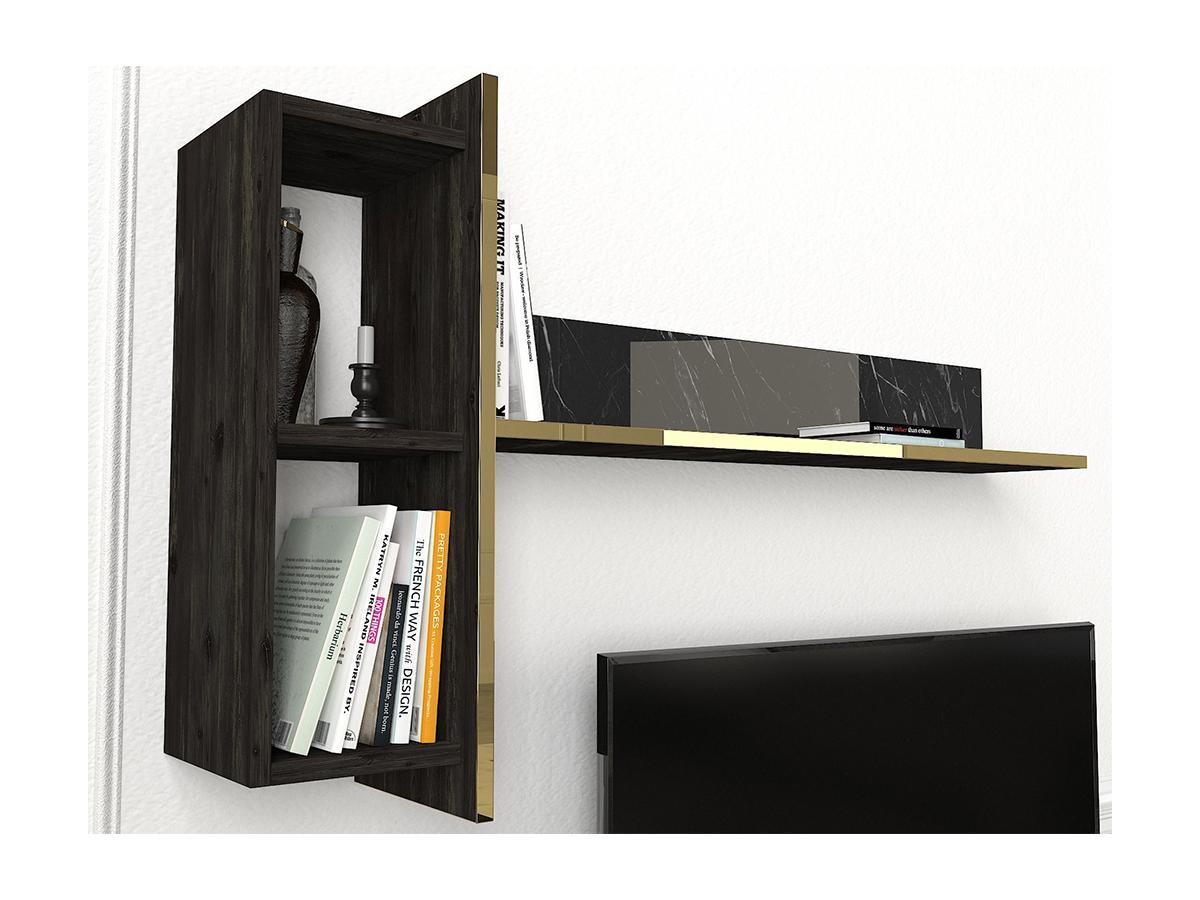 Vente-unique Ensemble TV avec rangements - Effet marbre noir, naturel foncé et doré - CADEBA II  