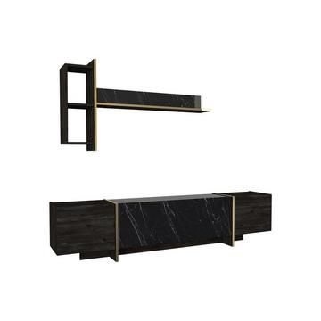 Ensemble TV avec rangements - Effet marbre noir, naturel foncé et doré - CADEBA II