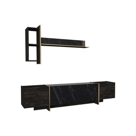Vente-unique Ensemble TV avec rangements - Effet marbre noir, naturel foncé et doré - CADEBA II  