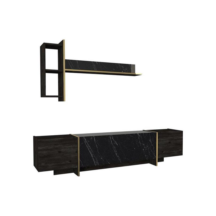 Vente-unique TV-Set mit 3 Türen - Marmor-Optik Schwarz & Goldfarben - CADEBA  