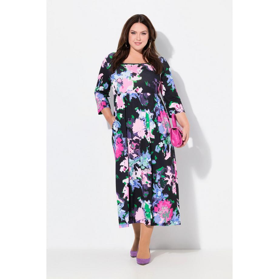 Ulla Popken Abito in jersey svasato scollo quadrato maniche 3/4 e tasche  