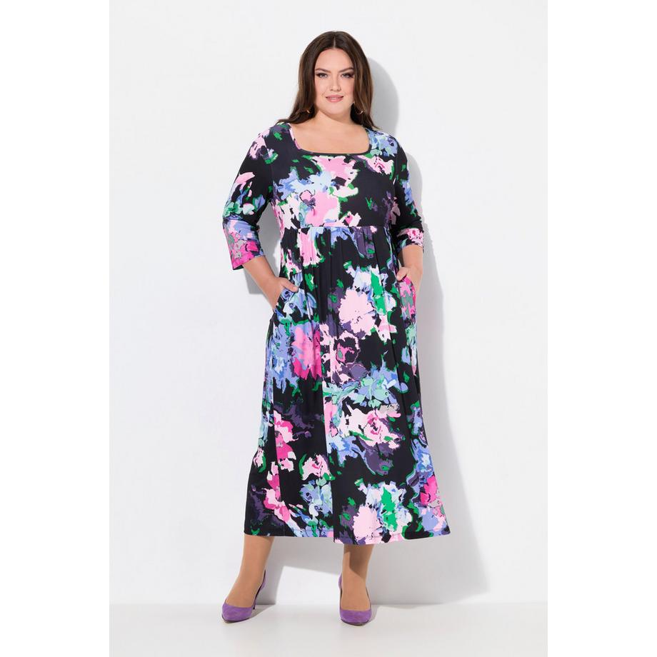 Ulla Popken Abito in jersey svasato scollo quadrato maniche 3/4 e tasche  