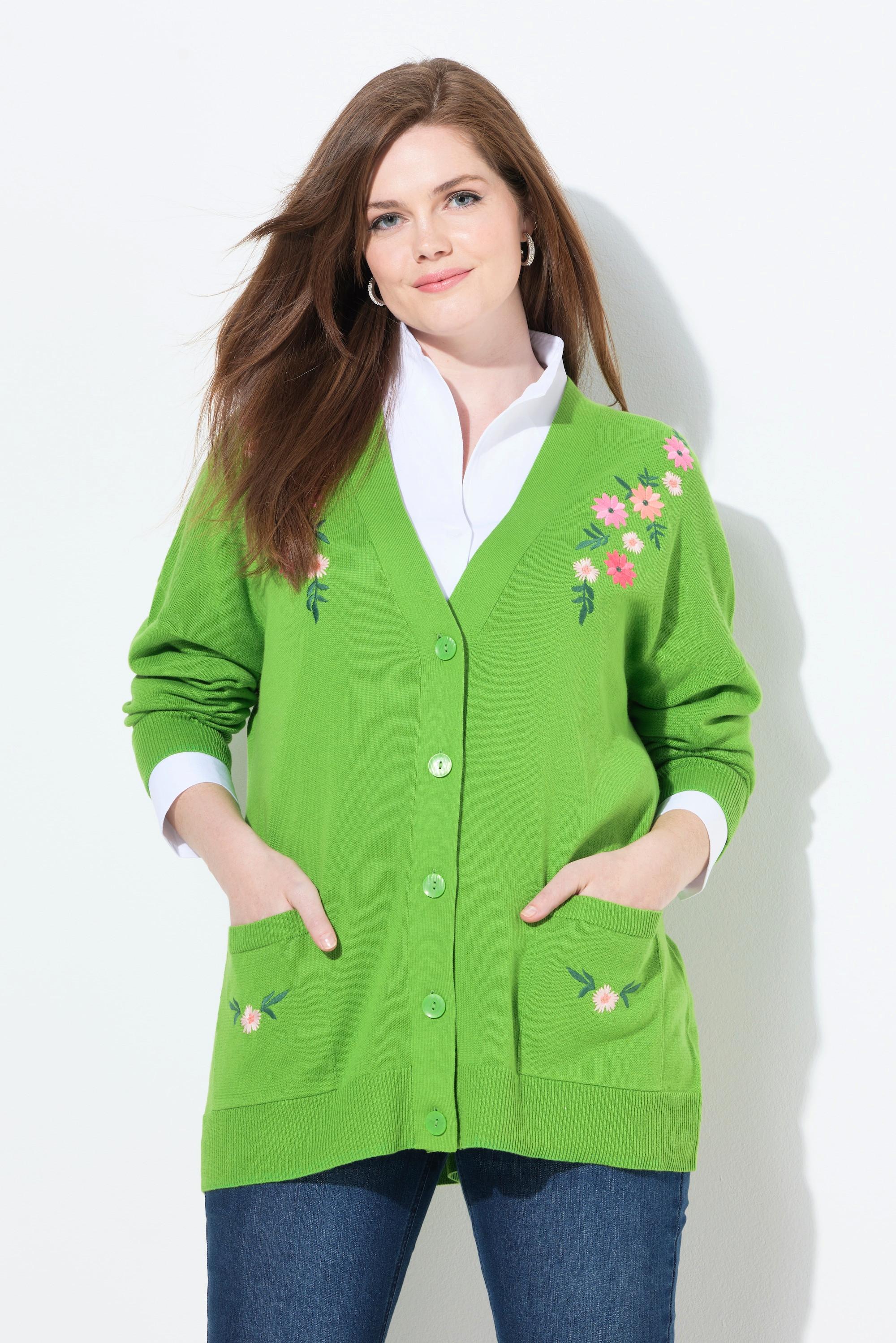 Ulla Popken Cardigan Scollo a V Maniche Lunghe Ricamo Floreale  