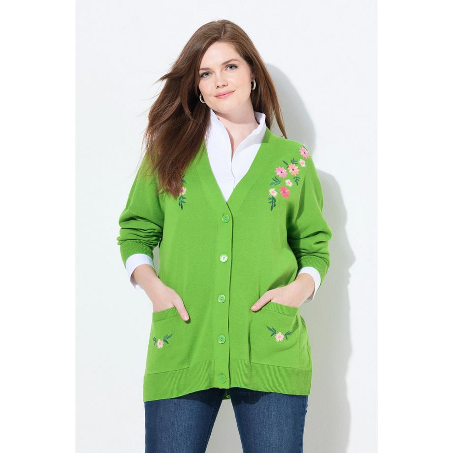 Ulla Popken Cardigan Encolure V Manches Longues Broderie Florale  