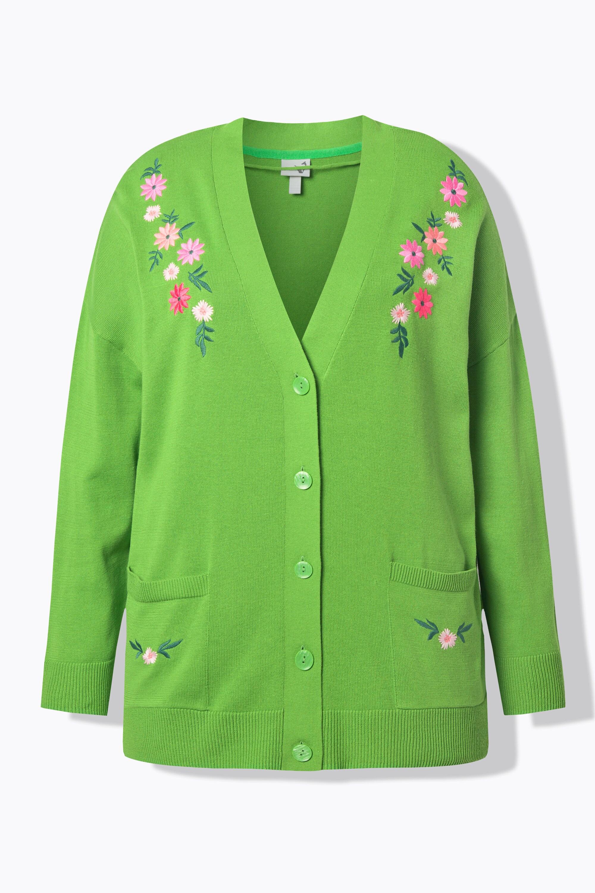 Ulla Popken Cardigan Scollo a V Maniche Lunghe Ricamo Floreale  