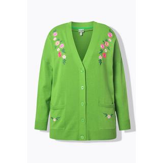 Ulla Popken Cardigan Scollo a V Maniche Lunghe Ricamo Floreale  