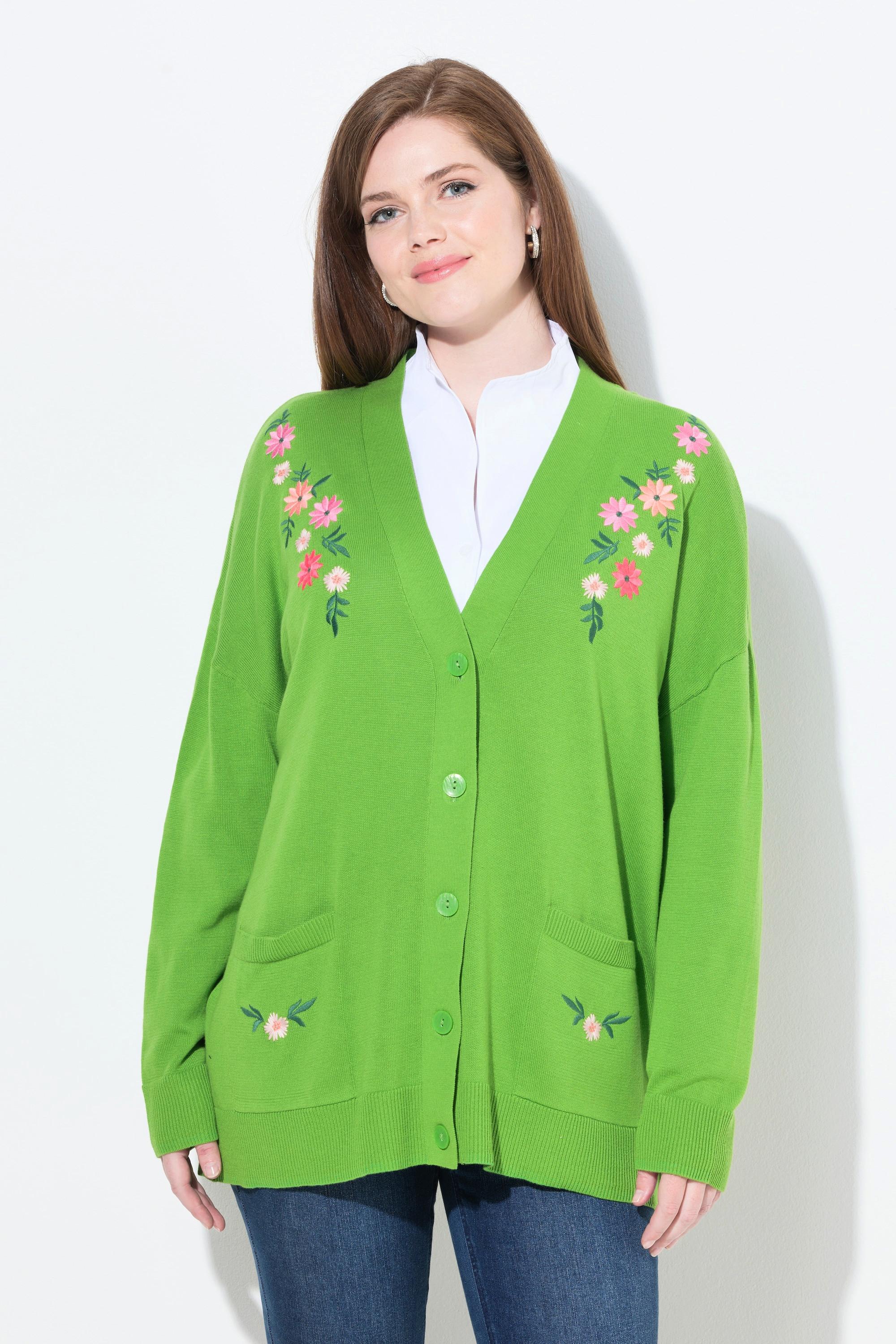 Ulla Popken Cardigan Scollo a V Maniche Lunghe Ricamo Floreale  