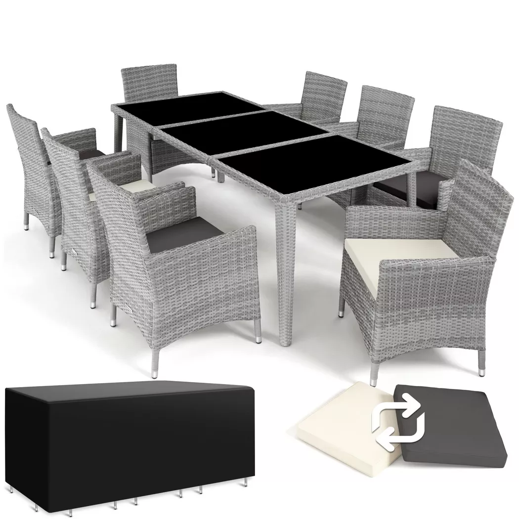 tectake® Aluminium Rattan Sitzgruppe, wetterfest und UV-beständig, mit Sicherheitsglasplatten, inklusive Schutzhülle
