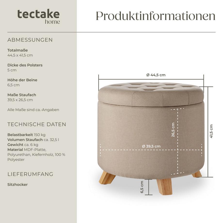 Tectake Sitzhocker mit Stauraum Suna rund 44,5 x 41,5 cm  