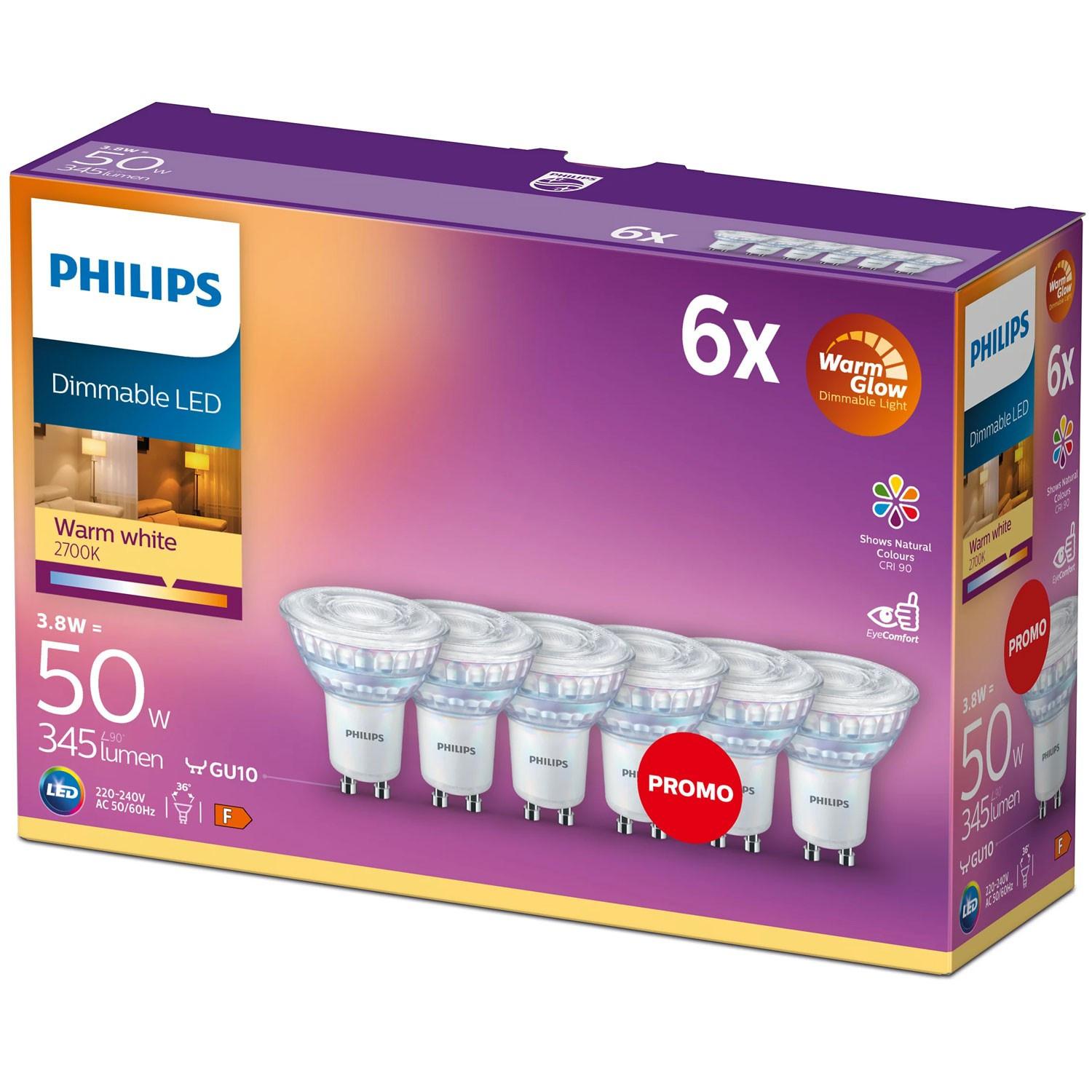 PHILIPS Paquet de 6 LED GU10 50W à intensité variable WarmGlow  