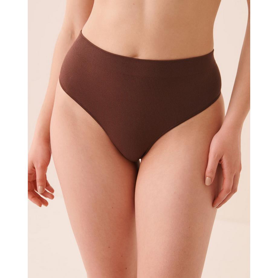 Culotte tanga taille haute côtelée en tissu sans coutures