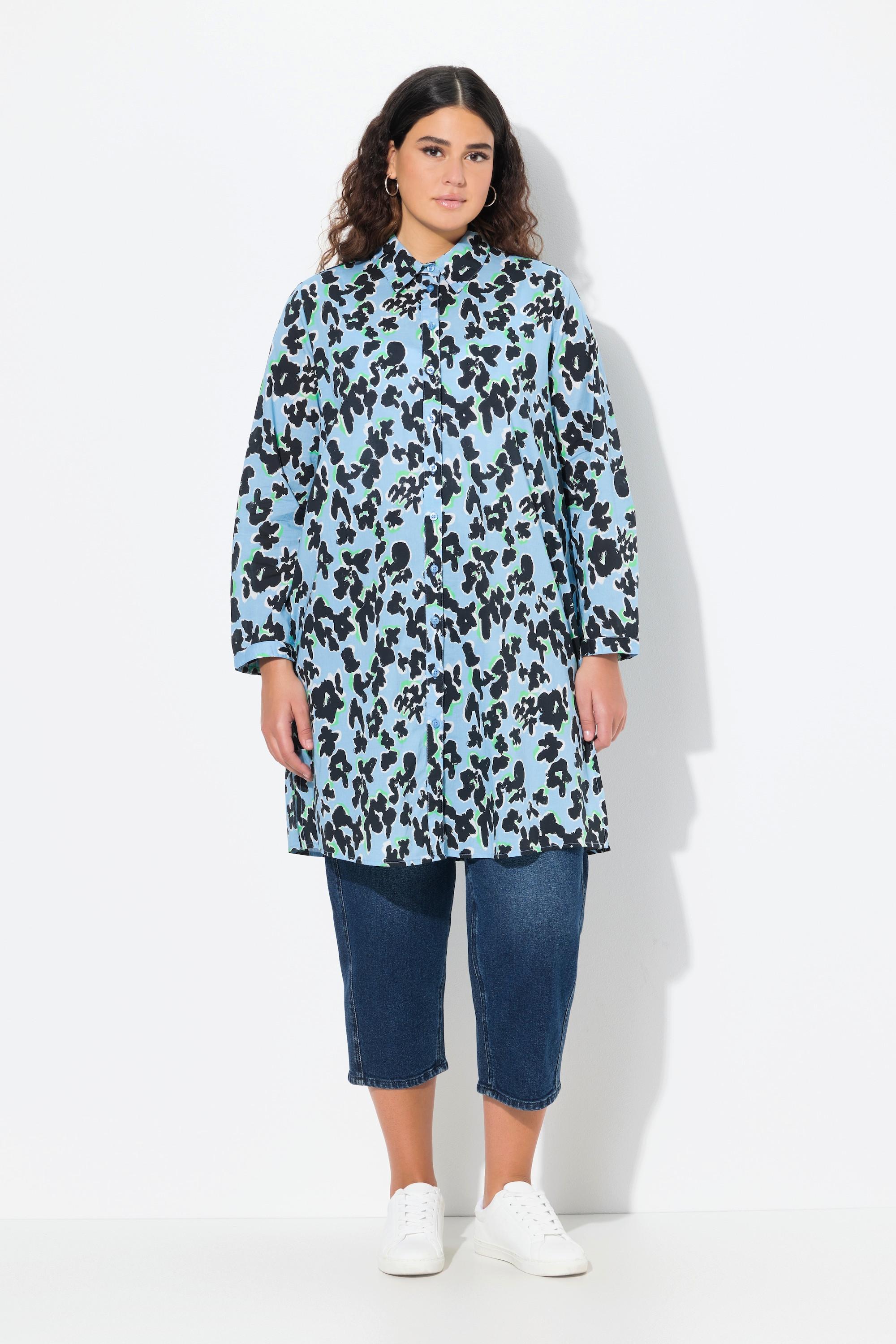 Ulla Popken  Blusa dal taglio lungo e svasato con fiori, colletto da camicia e maniche lunghe 