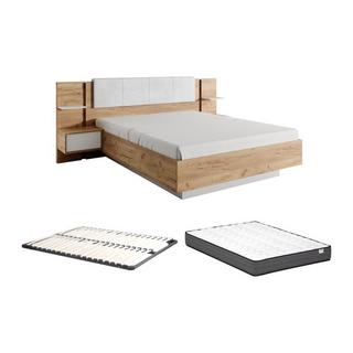 Vente-unique Letto con comodini Con LED 160 x 200 cm Naturale e Bianco + Rete a doghe + Materasso - ELYNIA  