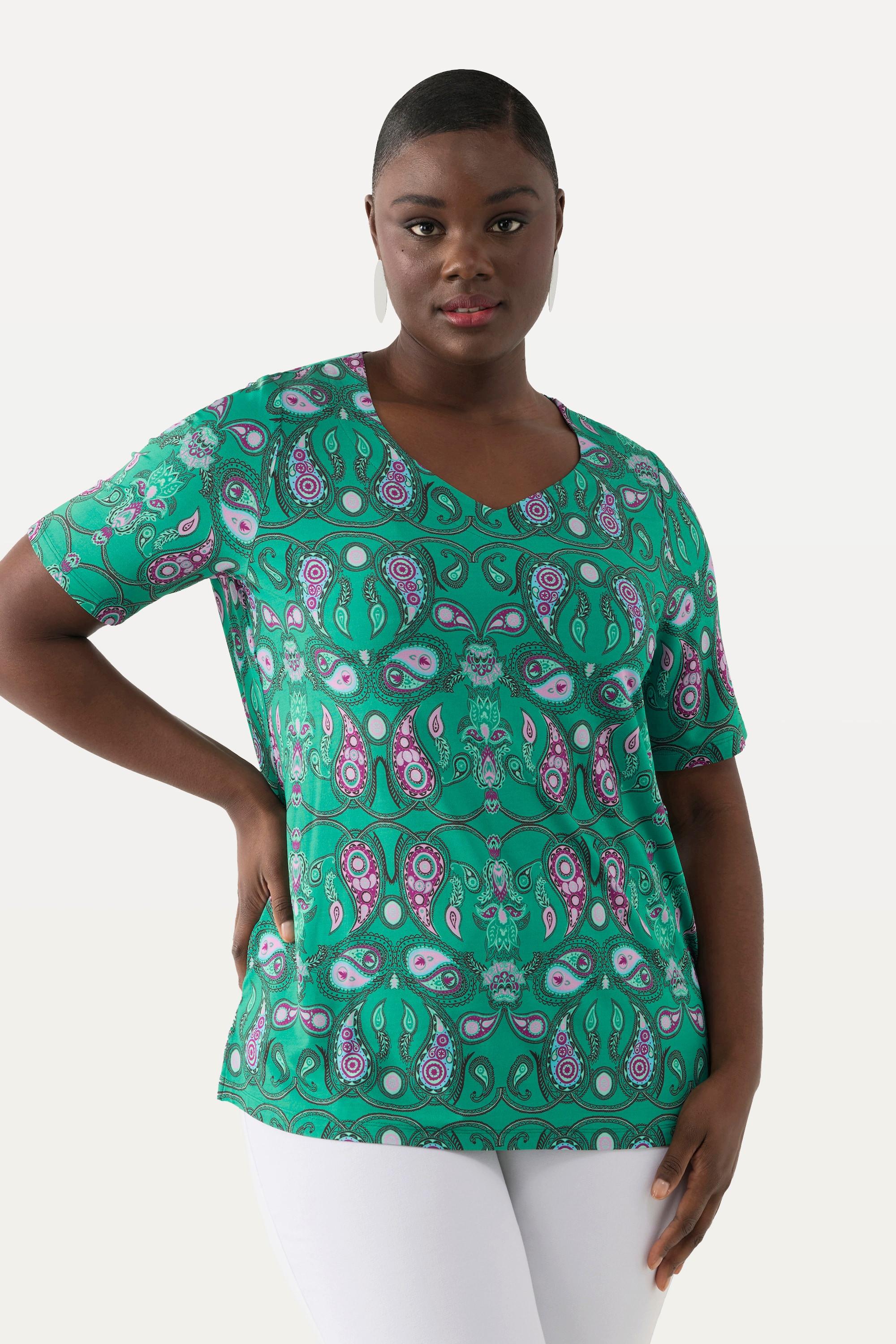 Ulla Popken  Slinkyshirt, Paisley-Design, Herzausschnitt, Halbarm 