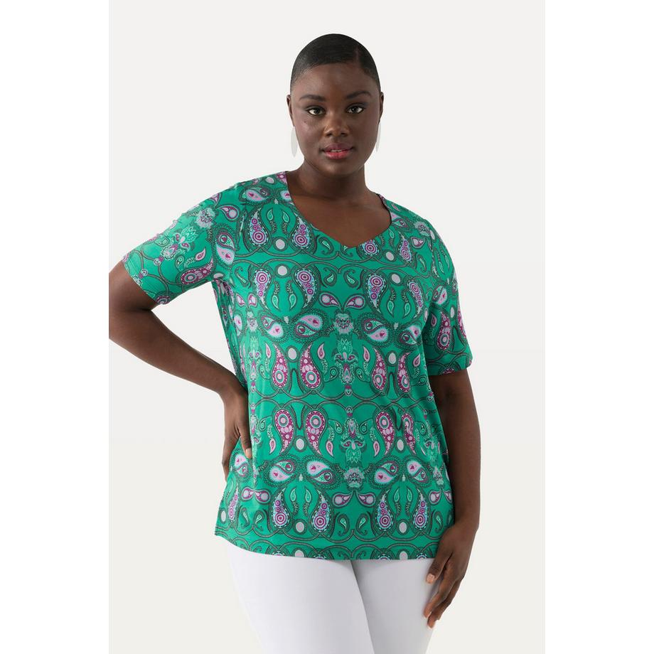 Ulla Popken T-shirt Slinky Motif Cachemire Décolleté Cœur Manches Courtes  