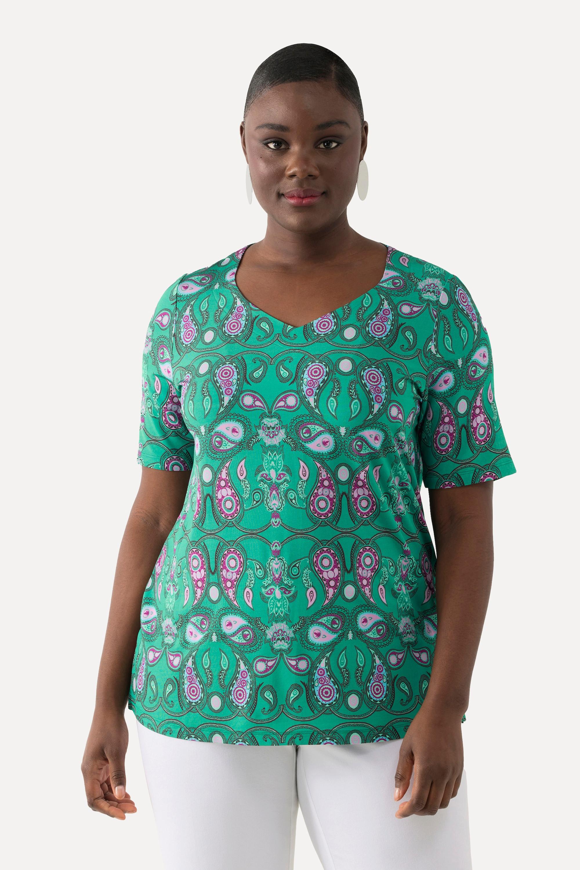 Ulla Popken  Slinkyshirt, Paisley-Design, Herzausschnitt, Halbarm 