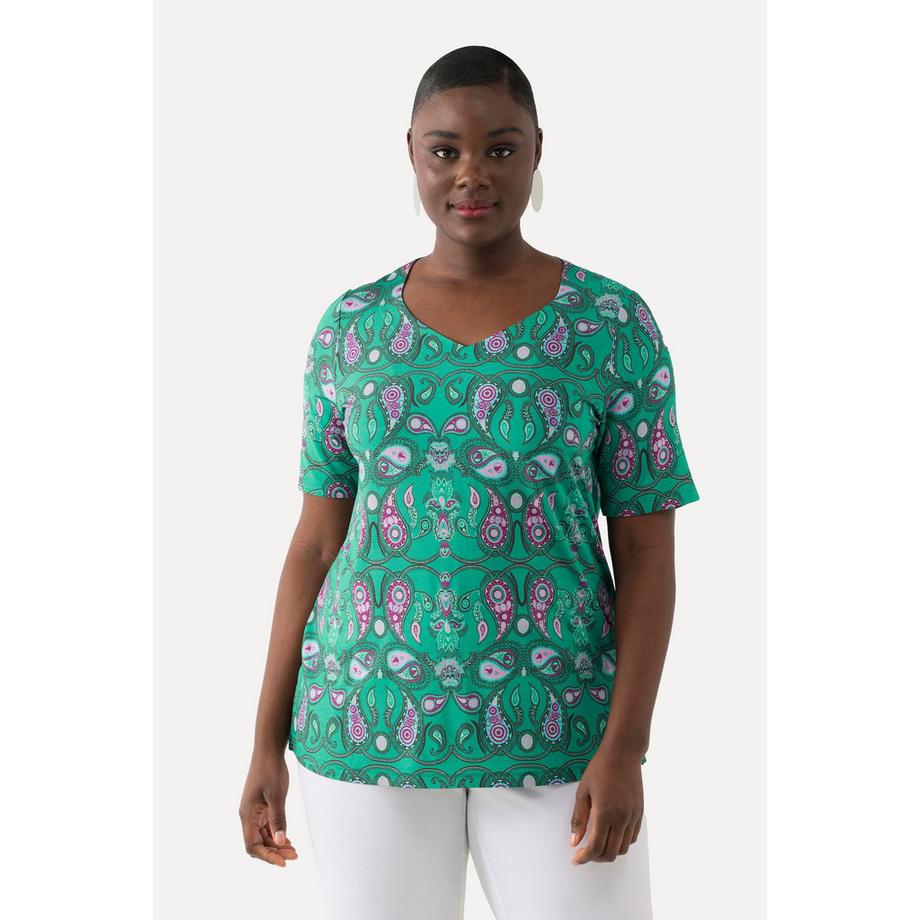 Ulla Popken T-shirt Slinky Motif Cachemire Décolleté Cœur Manches Courtes  
