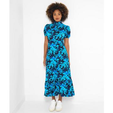 Robe midi en jersey à col haut, manches bouffantes, imprimé fleuri