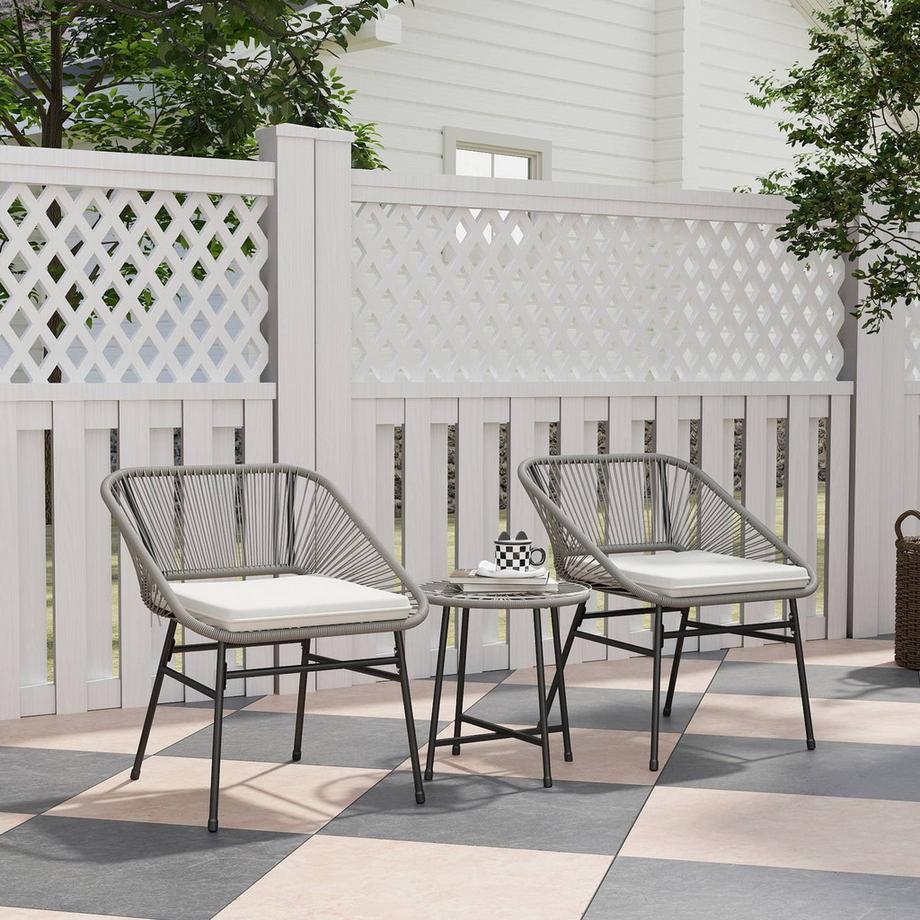 Northio  Polyrattan Gartenmöbel Set, Outdoor Lounge Balkonmöbel für 2 Personen, 3-teilig Sitzgruppe mit 2 Stühle, Beistelltisch, Kissen, wetterfest Gartenlounge für Garten, Terrasse Balkon, Dunkelgrau 