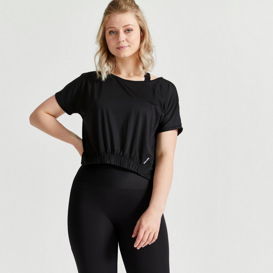 DOMYOS  T-Shirt Crop-Top FTS 520 weit Fitness Damen schwarz 