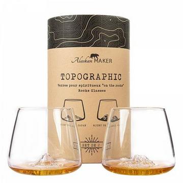 Coffret de 2 verres à whisky topographiques, Denali & Fuji