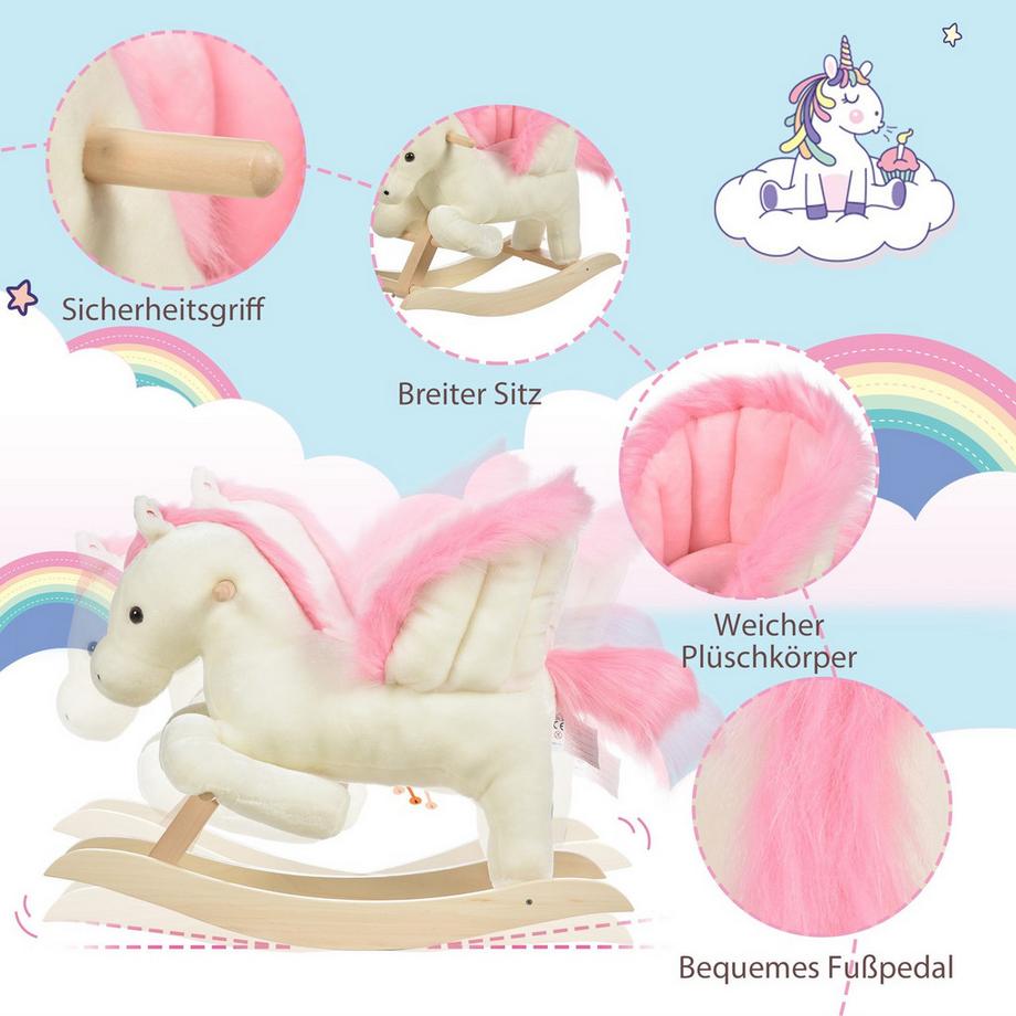 Northio  Kinder Schaukelpferd Baby Schaukeltier mit Geräuschen Haltegriffe für 18-36 Monate Plüsch Weiß Rosa 70x28x57 cm 