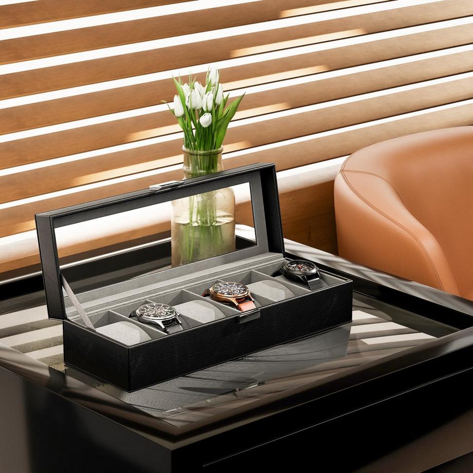 Only-bags.store  Uhrenbox mit 6 Fächern, Uhrenbox mit Glasdeckel, Uhrenkoffer mit Uhrenkissen, Uhrenaufbewahrung 