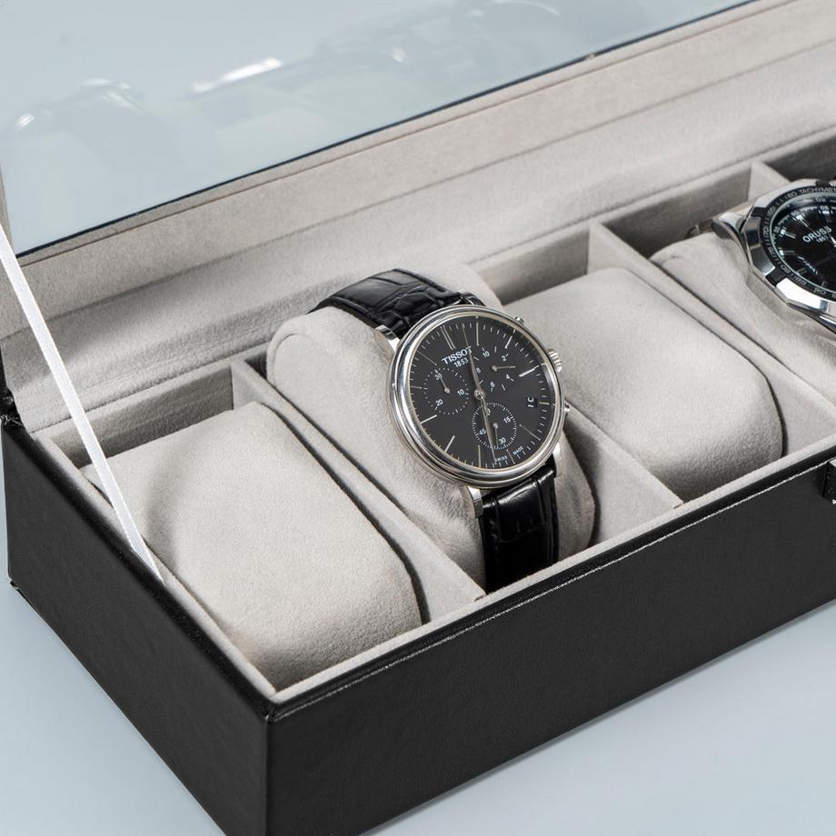Only-bags.store  Uhrenbox mit 6 Fächern, Uhrenbox mit Glasdeckel, Uhrenkoffer mit Uhrenkissen, Uhrenaufbewahrung 