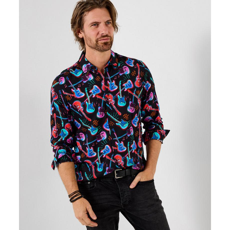 Chemise à manches longues imprimé guitare néon