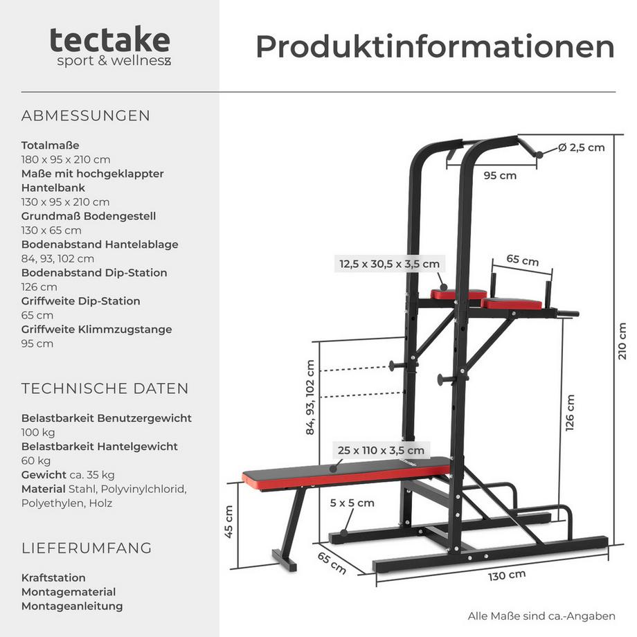 Tectake  Stazione fitness multifunzione  Reeves con panca pieghevole e supporto per bilanciere 
