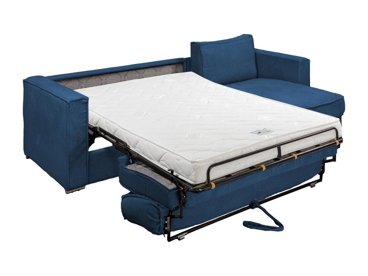 Vente-unique Canapé d'angle convertible express et réversible en velours côtelé bleu nuit - Couchage 140 cm - Matelas 14 cm LORETO  