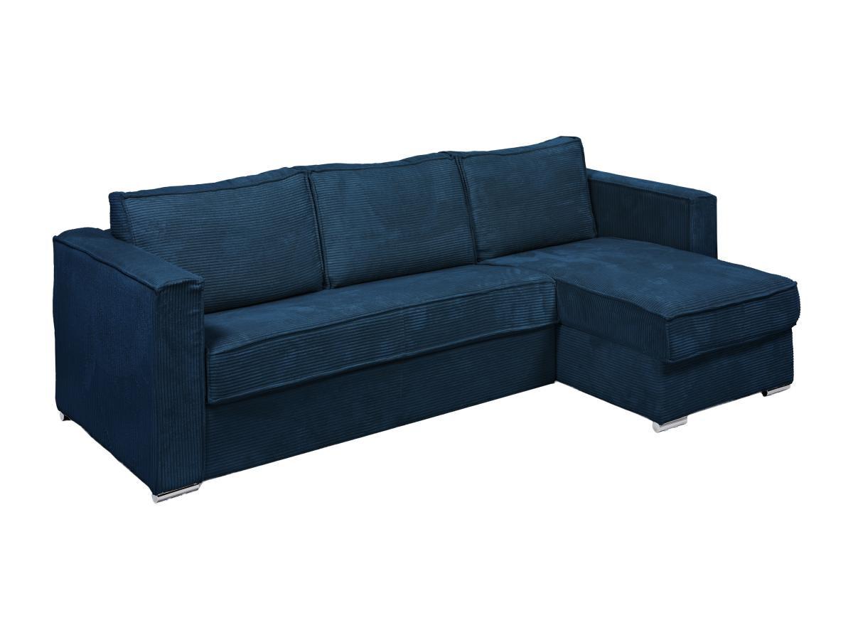 Vente-unique Canapé d'angle convertible express et réversible en velours côtelé bleu nuit - Couchage 140 cm - Matelas 14 cm LORETO  