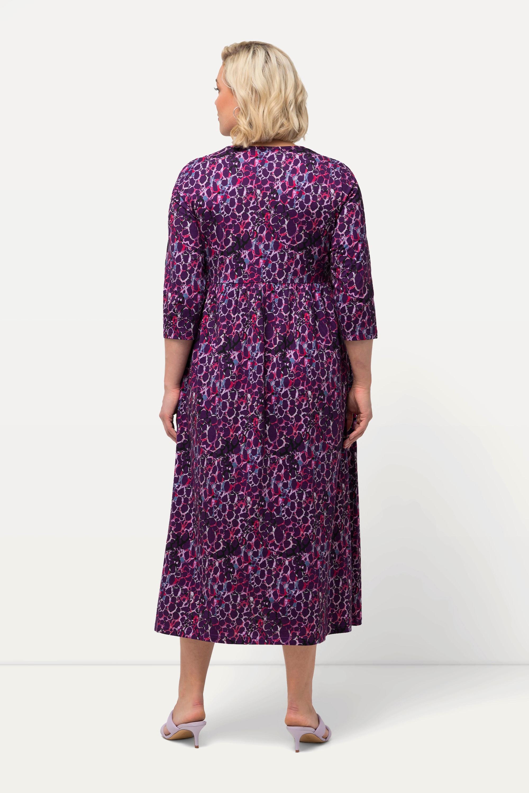 Ulla Popken Abito in Jersey Stampato Linea ad A Girocollo Maniche 3/4 con Tasche  