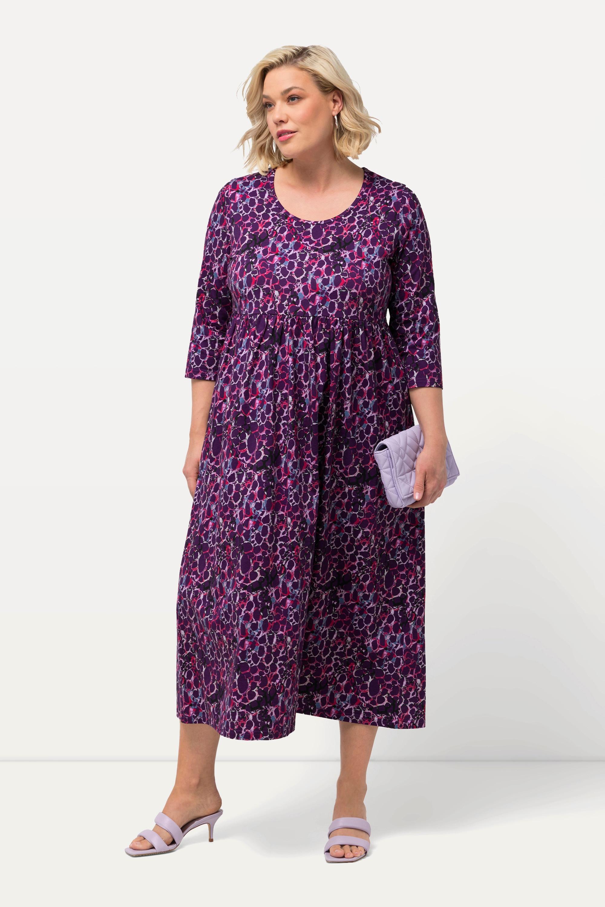 Ulla Popken Abito in Jersey Stampato Linea ad A Girocollo Maniche 3/4 con Tasche  